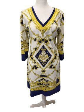 Barbara Gerwit V-Neck Shift Dress in White, Yellow & Navy Chain Pattern. Small